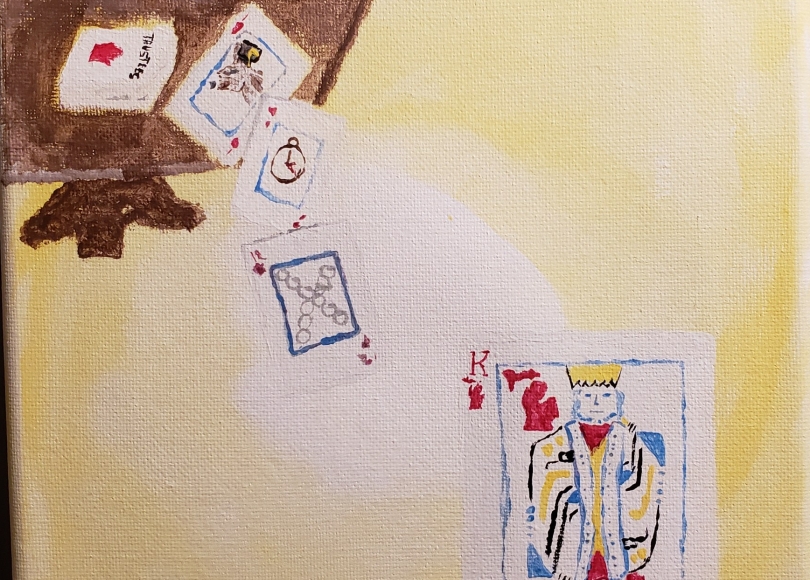 Painting on canvas of three players at a card table; a few cards fallen off the table; a King card painted painted with a red Michigan map instead of hearts.